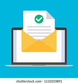 Laptop, notebook or netbook device with open envelope document paper sheet  page check mark tick and text icon sign vector illustration. Symbol of email delivery, verification flat style isolated.