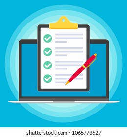 Laptop, notebook, netbook pc flat design with clipboard and check marks tick  popped above the screen icon signs vector illustration. Technology concept of online survey isolated on blue background.