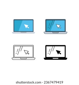 Laptop or notebook screen with arrow pointer or clicking mouse inside for presentation, working, and e-commerce.Laptop with pointer or cursor icon.Vector illustration.Design on white background. EPS10