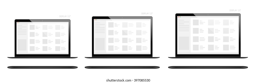 Laptop or notebook slim black design display size 11, 12 and 13 inches mock up, screen template illustration isolated on white background