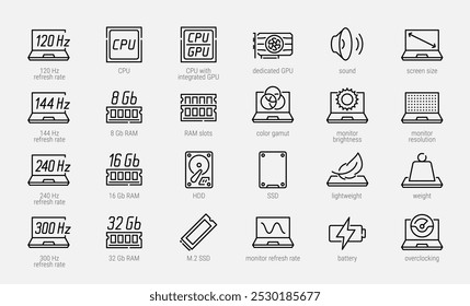 Especificaciones del ordenador portátil o portátil Conjunto de iconos de Vector en estilo de contorno