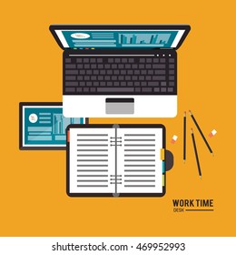 laptop notebook tablet infographic worktime desk office supply icon. Colorful design. Vector illustration