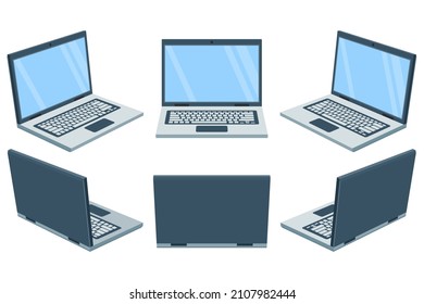 Laptop notebook turnaround, rotation at different angles. Vector Illustration.