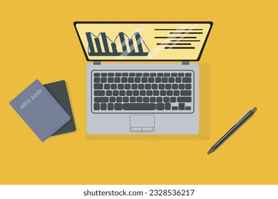 laptop with notebooks and a pen on top view in flat style, vector illustration.