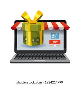 Laptop, noteebok with green gift box. Online shopping concept. Sale, e-commerce, retailing, discount theme. Creative flyer, poster template. Baner, poster, vector