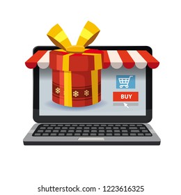 Laptop, noteebok with red gift box. Online shopping concept. Sale, e-commerce, retailing, discount theme. Creative flyer, poster template. Baner, poster, vector