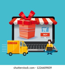 Laptop, noteebok with red gift box. Delivery track, People ordering a gift Online shopping concept. Sale, e-commerce, retailing, discount theme. Creative flyer, poster template. Baner, poster, vector