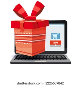 Laptop, noteebok with red gift box. Online shopping concept. Sale, e-commerce, retailing, discount theme. Creative flyer, poster template. Baner, poster, vector