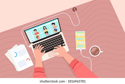 Laptop with notes and coffee cup next door. Top view desktop. Works in front of laptop from home. modern flat illustration concept