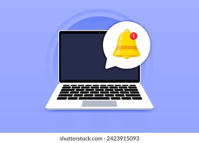 Laptop with notification. Alert message on laptop screen. Notification concept of new message or other notice. Laptop with bell icon. Vector illustration
