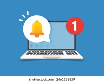 Laptop notification icon in flat style. Computer vector illustration on isolated background. Reminder message sign business concept.