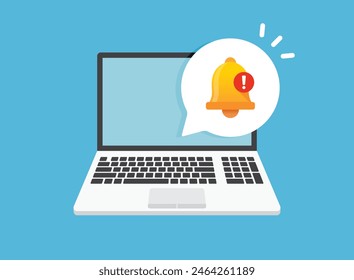 Laptop notification icon in flat style. Computer vector illustration on isolated background. Reminder message sign business concept.