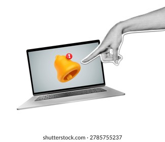 A laptop with a notification icon on the screen and a small hand. Digital notifications concept. Vector collage illustration on a white background.