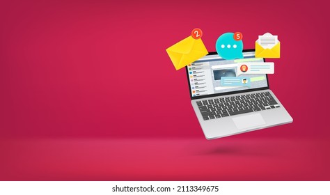 portátil con notificaciones. Banner del vector con espacio de copia