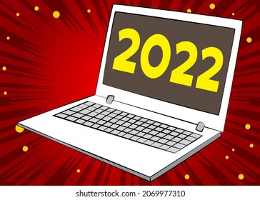 Laptop with the number 2022 on the screen. Vector cartoon illustration. Future business career, New Year goals, goal concept.