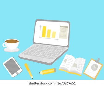 Laptop and office objects.One computer, pen,pencil,paper,one book and telephone on a blue background.A cup of coffee for breakfast.