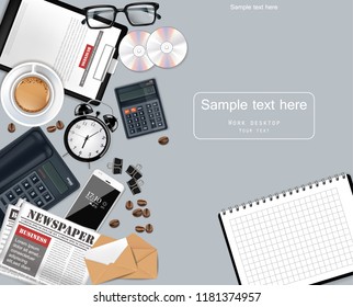 Laptop and office supplies business set collection Vector realistic. Glasses, newspaper, gadgets and CDs 3d detailed illustrations