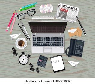 Laptop and office supplies business set collection Vector realistic. Glasses, bag, gadgets 3d detailed illustrations