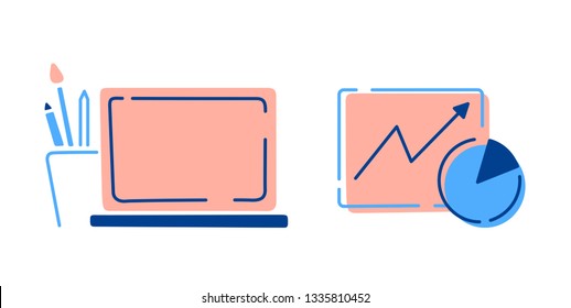 The laptop with office supplies and growth graph and chart. Business staff, office work days concept. Flat vector icons. Doodles in modern outline style by pink and blue colors.