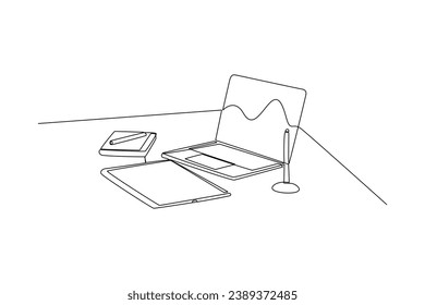 Laptop and office supplies. Officer equipment minimalist concept, continuous line, work equipment.