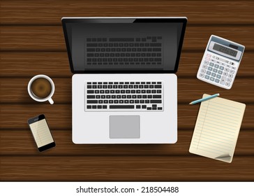  Laptop and office supplies on wooden desk.Vector illustration. 