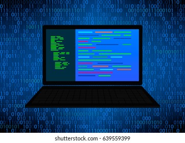 Laptop on the background of coding software. vector illustration.