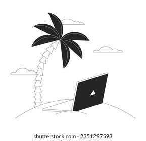 Laptop on beach flat monochrome isolated vector object. Remote work device. Editable black and white line art drawing. Simple outline spot illustration for web graphic design