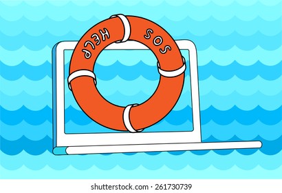 Laptop on a blue waves background with waves and with a lifebuoy on it screen