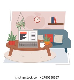 Laptop on a coffee table on white background vector illustration cartoon flat design 