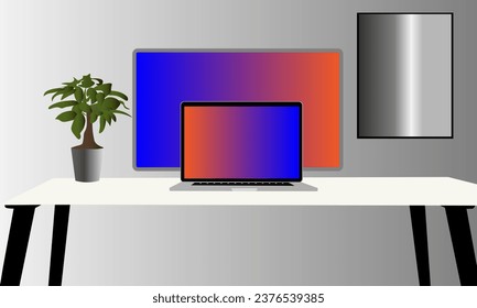  Portátil para tareas y plantas, lugar de trabajo en el hogar, trabajo en laptop, trabajo desde el hogar y trabajo desde cualquier lugar, ilustración vectorial plana