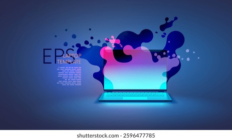 Laptop on desk with abstract liquid flow fluid background on screen. Multimedia gaming laptop vector front view. Vector template laptop mockup. Electronic device advertisement. Screen computer matrix.