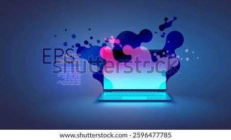 Laptop on desk with abstract liquid flow fluid background on screen. Multimedia gaming laptop vector front view. Vector template laptop mockup. Electronic device advertisement. Screen computer matrix.