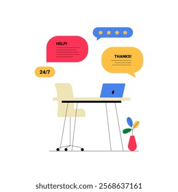 Laptop On Desk With Chat Bubbles And Help Icons In Flat Vector Illustration Symbolizing Customer Support, Feedback Management, And Online Assistance, Isolated On White Background.
