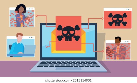 Notebook na mesa invadido por mensagem de vírus. Vírus infecta ladrilhos e computadores de outros funcionários ao assumir sua conexão. Vetor de design plano