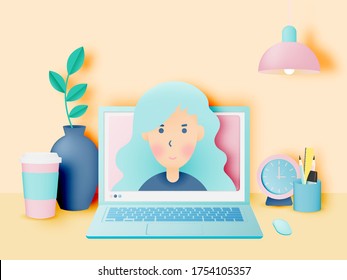 Laptop on the desk in the house for work from home with pastel and paper art vector illustration