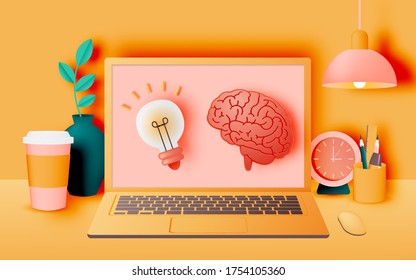 Laptop on the desk in the house for work from home with pastel and paper art vector illustration