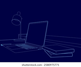 A laptop is on a desk with a lamp next to it. The laptop is open and the lamp is turned on. The scene is simple and minimalistic, with a focus on the laptop and the lamp