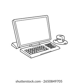 Laptop on a desk with a mouse. Home office or remote work line art concept.