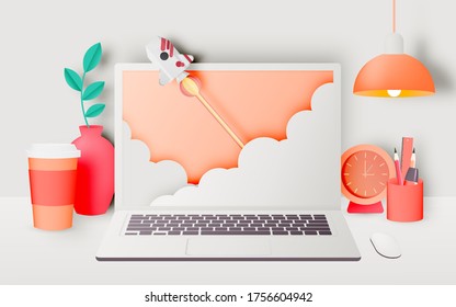 Laptop On The Desk With Rocket In The House For Work From Home With Pastel And Paper Art Vector Illustration