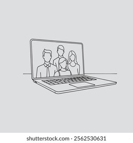 
laptop on the desk with some people on screen for online class. E-learning, online education concept Continuous line art flat vector illustration on white background.