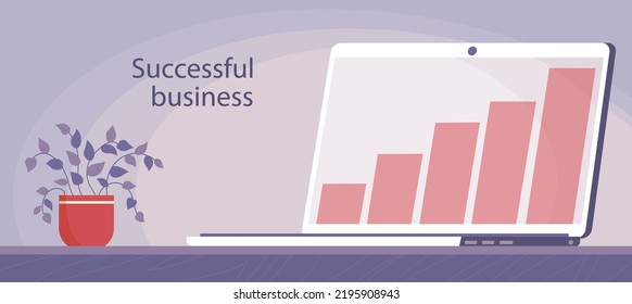 Laptop on the desktop. Computer screen. The concept of remote work, successful business, financial growth. Vector illustration for background and banner