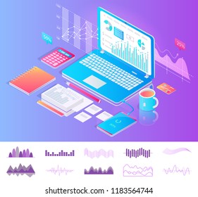 Laptop on desktop with diagrams workplace concept vector banner. Tablet with charts on screen, calculator and pencil, notebook and sheets of paper