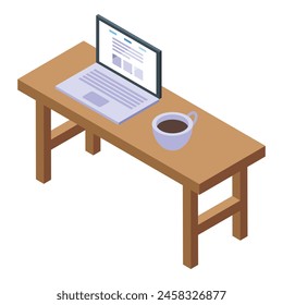 Laptop on desktop table icon isometric vector. Work with coffee cup. Home office