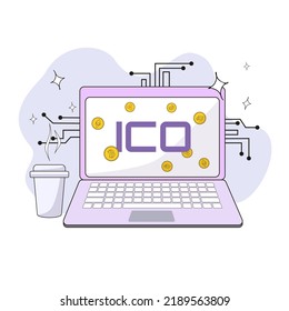 a laptop on the display of which the inscription ICO and crypto coins against the background of freeform asterisks elements of microcircuits and a glass of coffee
