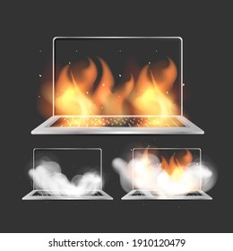 The laptop is on fire. Element for the design of advertising posters and banners on the theme of mobile equipment repair. Vector.