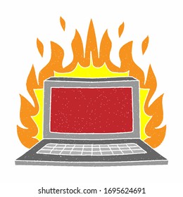 laptop on fire vector design. digital hand drawn style. grain texture