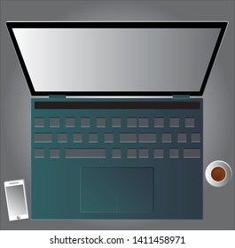 Laptop on a gray background with coffee and smartphone