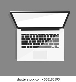 Laptop on gray background. Office desktop.  Hand drawn vector illustration. Flat object. Top view