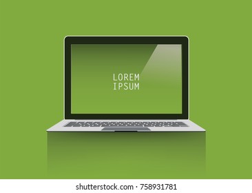 Portátil con fondo verde. Ilustración vectorial plana.