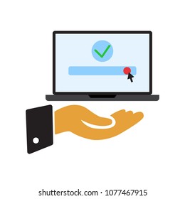 Laptop on hand icon. Vector illustration, flat design.